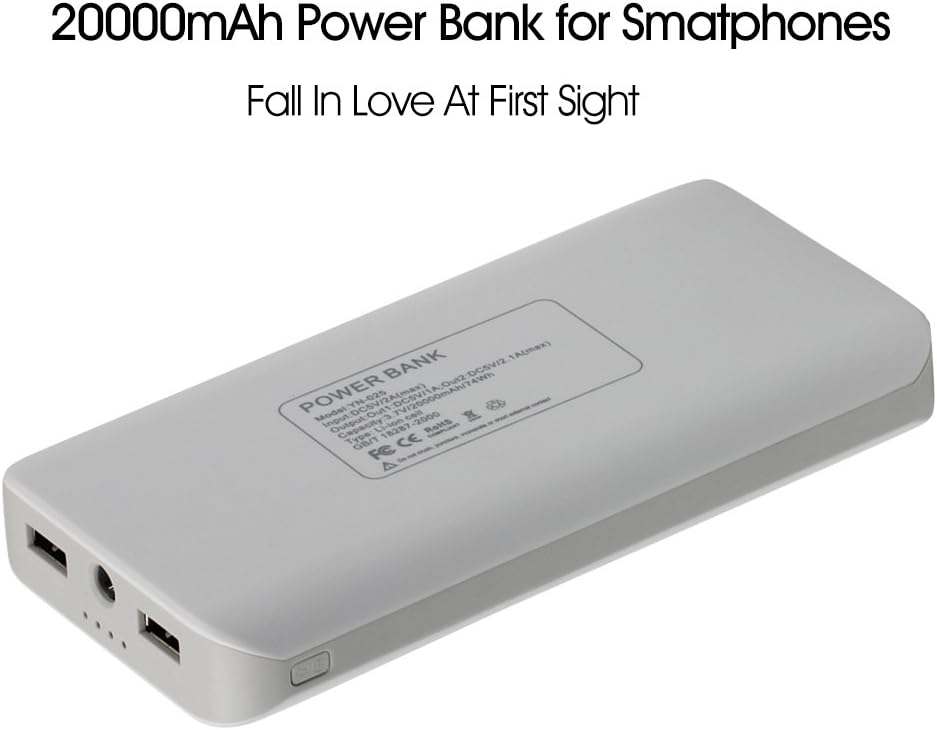 Hysada 20000mAh Portable Charger Power Bank Dual USB Output External Battery Pack Portable Charger for Android iPhone Samsung HT - White