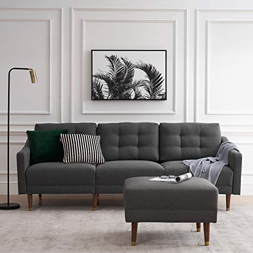 Mopio Savannah Futon Sofa Mid-Century Modern Couch, Fabric Upholstered Sofa with Tufted Back and Tapered Gold Caps Legs, 81.5" W, 3 Seater Sofa Suit for Living Room, Dark Gray