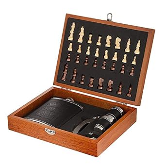 Ascension  Chess Wooden Box PU Leather Wrapped Stainless Steel 235 ml, 1 Hip Flask / 2 Shot Glass / 1 Funnel / 1 Wine Bottle Opener Set - Black