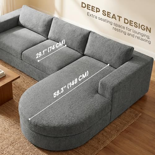 HOMCOM 106" Modular Sectional Sofa with Chaise and Deep Seat, 3-Seater L Shaped Cloud Couch, Upholstered Boneless Couch for Living Room, Bedroom, No Assembly Required, Dark Grey | Curved Foam Chaise