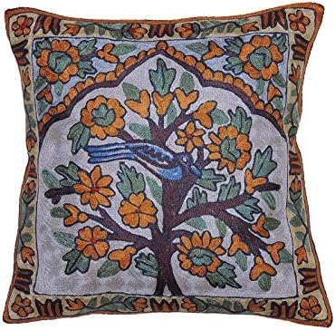 NovaHaat 100% Hand Embroidered Tree of Life Decorative Accent Pillow cover with Silk thread embroidery in Ivory and Asparagus Green - every inch of the base fabric is covered with Kashmir Crewel Work