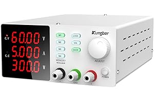 Kungber DC Power Supply Variable with Memory, 60V 5A Adjustable Switching Regulated DC Bench Linear Power Supply with Memory Recall and Output Disable Button 4 Digits Display and Alligator Leads