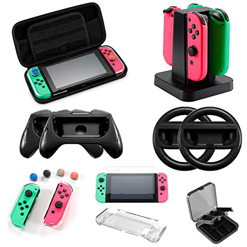 Accessories Kit for Nintendo Switch Games,Including Joy-Con Wheel Grips,Caps ,Carrying Case ,Card Case ,Protective Case,Screen Protector,Controller Charger