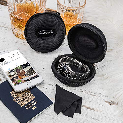 WATCHPOD Travel Watch Case | Single Watch Box w/Zipper for Storage | Cushioned Round Portable Watch Case for Travel | Fits All Wristwatches and Smart Watches up to 50mm (Black) - Thumbnail 6