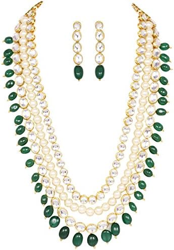 SANARA JEWELS Indian Bollywood Ethnic Jadau Kundan Stone Pearl Green Long Necklace Set with Earring Wedding Jewelry
