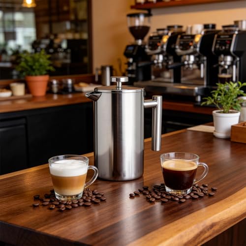 KAMYSEN Prensa Francesa, 1000ml Cafetera de Acero Inoxidable de Doble Pared | 3pcs Filtro de Repuesto, 1pc Cucharas de Acero Inoxidable, 1pc Brocha de Esponja
