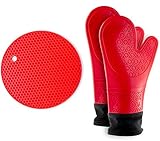 New Hybrid Silicone Oven Mitt Set, 2 Professional Oven Mitts Extra Long with Commercial Grade Silicone & Quilted Cotton Interior for Triple Protection & Comfort, Long Kitchen Oven Gloves PLUS Trivet