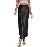 MOROUTLINE Women’s Silk Satin Skirts Long Maxi Drawstring A-Line Fall Elegant Cocktail Party Wedding Mermaid Midi Skirt