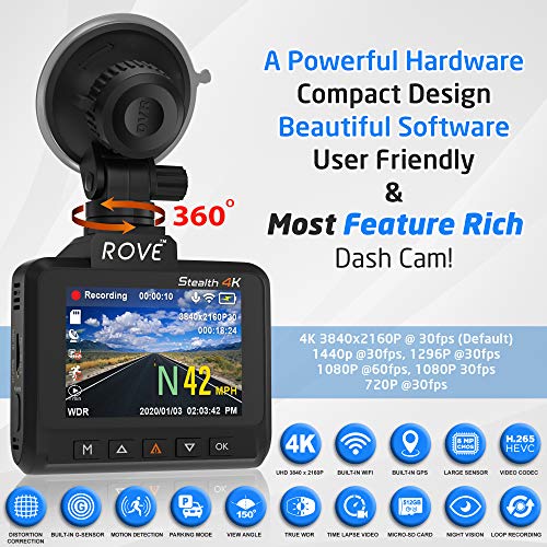 Rove Stealth4K Pro Dash Cam UHD 3840x2160P 8MP CMOS True 4K Dash