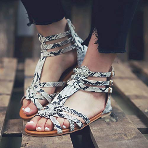 Women Summer Fashion Leopard Casual Shoes Gladiator Roman Sandals Balla Buckle Strap Flat Peep Toe Sandal Gray - Thumbnail 4