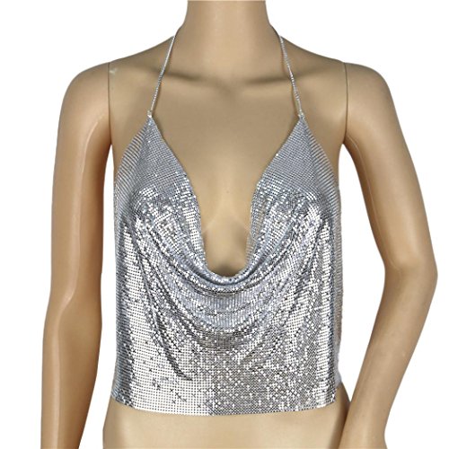 TLOOWY Sequins Crop Tops, Women Sexy Halter V-Neck Vest Tank Tops Backless Sleeveless Bra Club Wear Nightclub (Silver) - Thumbnail 3