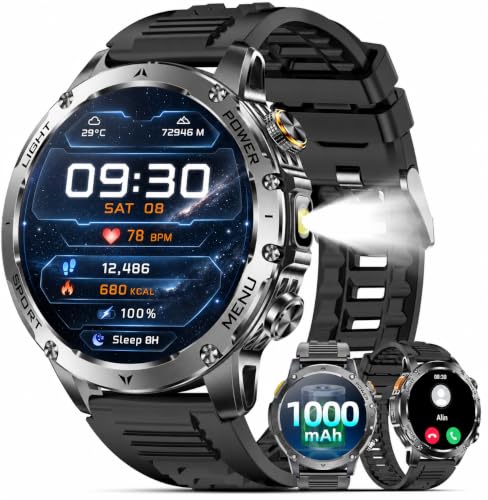 Karchilor Military Smartwatch Men's with 1000 mAh Battery - Fitness Watch with Bluetooth Calls, 1.7 Inch HD Display, LED Torch, IP68, 110+ Sports Modes, Heart Rate and Sleep Analysis, for iOS