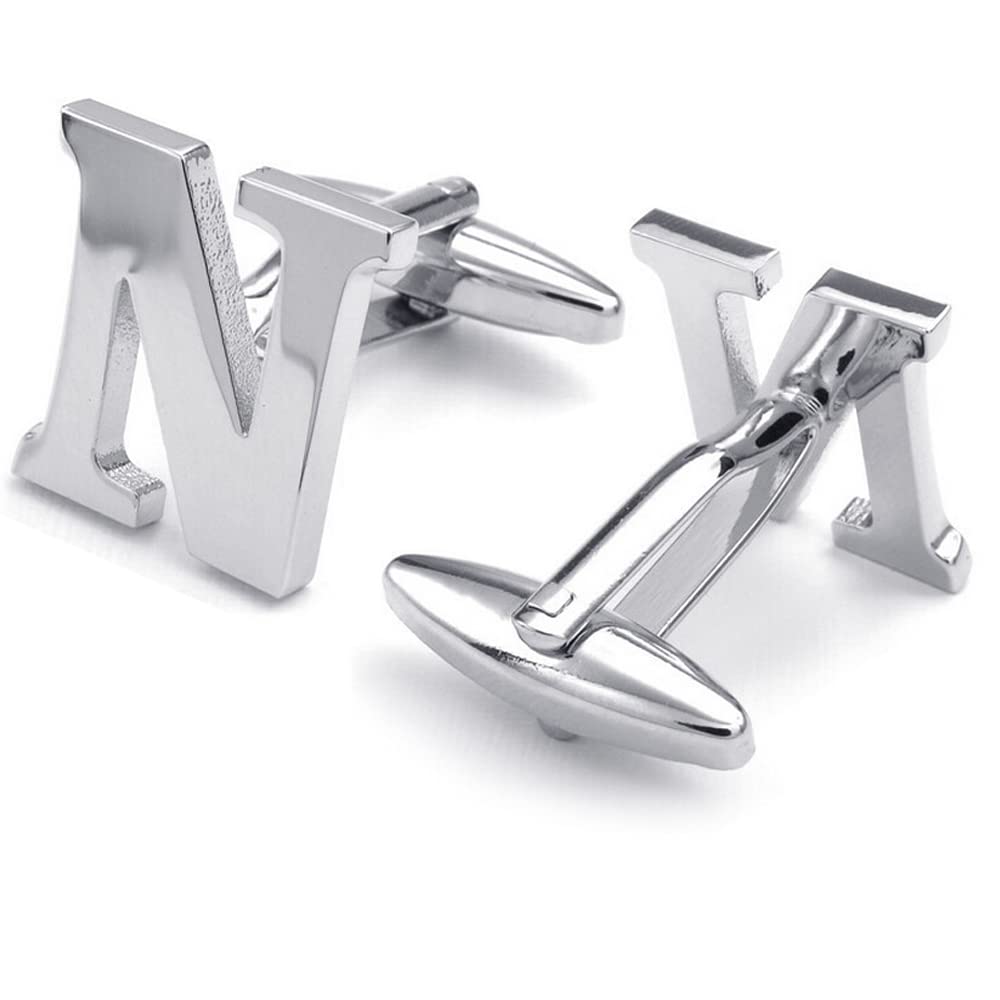 HONEY BEAR Mens Initial Alphabet Letter Silver White Steel Wedding Formal Business Cufflinks (N)