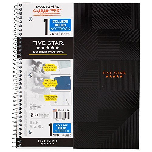 Five Star Spiral Notebook, 1 Subject, College Ruled Paper, 100 Sheets, 11" x 8-1/2", Graphics, Design Selected For You (08096)