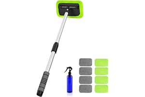 X XINDELL XINDELL Windshield Cleaning Tool for Car – 27inch Extendable Handle Window Cleaner with Reusable Microfiber Pads, Streak-Free Interior & Exterior Auto Glass Cleaner (Green)
