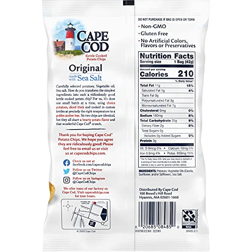 Cape Cod Potato Chips, Original Kettle Cooked Chips, Snack Bags 1.5 Oz