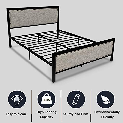 Amooly Upholstered Metal Platform Bed Frame/Riveted Headboard Footboard/Strong Steel Slat Support/Under Bed Storage,Queen,Gray - Thumbnail 2
