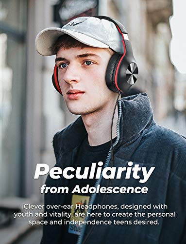 iClever Over Ear Headphones with Microphone - Foldable Lightweight Stereo Headphones, Adjustable Wired Headphones with 3.5mm Jack for Online Class/Meeting/iPad/Smartphone/Computer, Black&Red