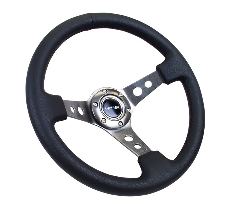 NRG Innovations NRG-RST-006GM 350mm Reinforced Steering Wheel - Gun Metal Spokes, Black Leather Grip, 3" Deep Dish