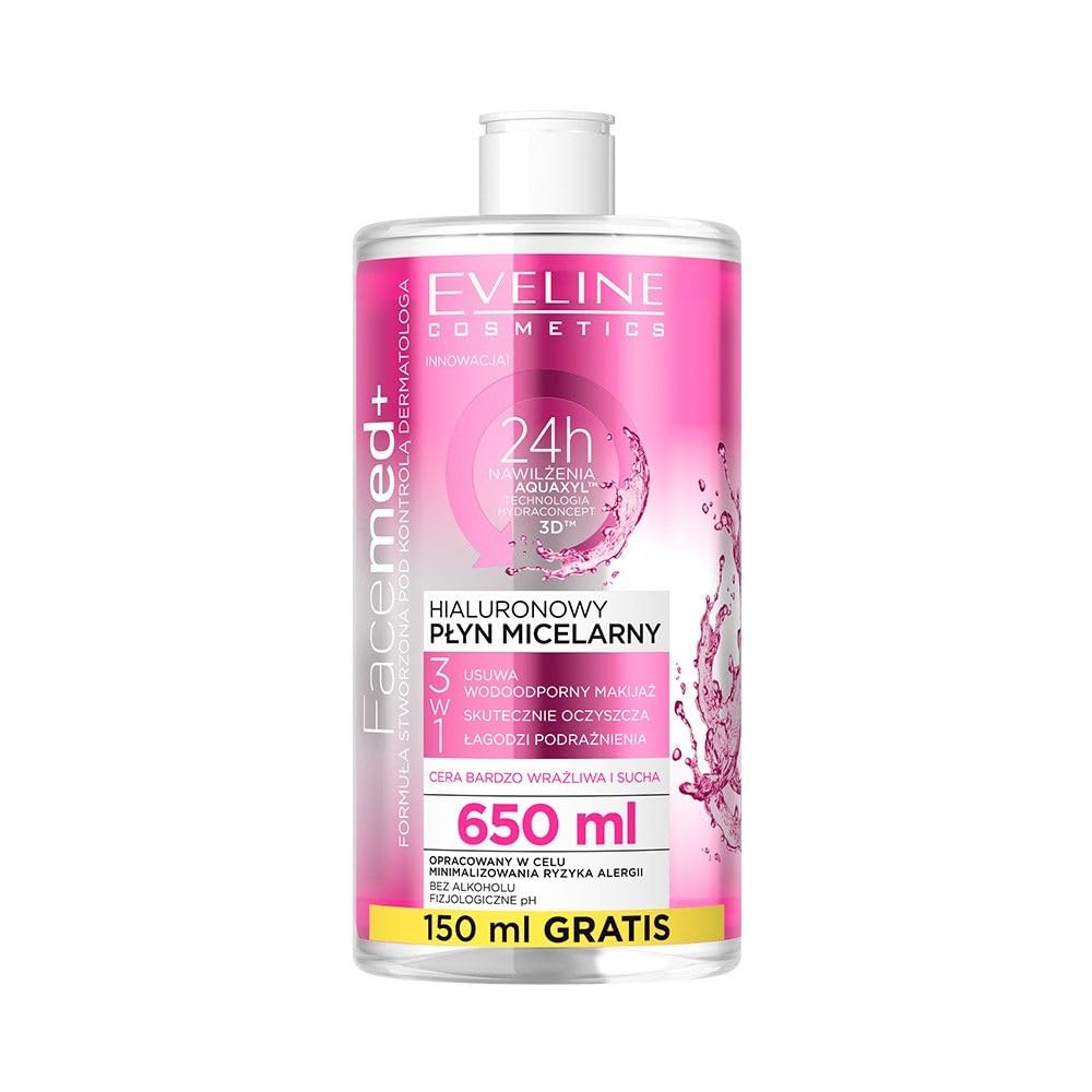 Eveline Cosmetics Facemed+ Hyaluronic Micellar Water 3-in-1 - Advanced Hydration with Aquaxyl & Hyaluronic Acid, 650ml