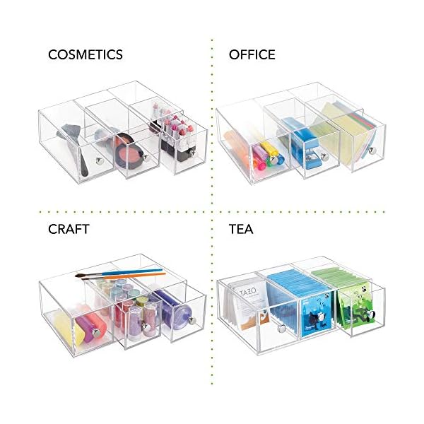 mDesign-Plastic-Kitchen-Pantry-Cabinet-Countertop-Organizer-Storage-Station-with-3-Drawers-for-Coffee-Tea-Sugar-Packets-Sweeteners-Creamers-Drink-Pods-Packets-4-Pack-Clear mDesign Handy Tea Box Storage Unit with Room for Different Types of Teabags – Sturdy Storage Box for Use in The Kitchen…