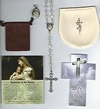 Madonna of the Lilies 18 Inch Mother of Pearl Rosary, Holy Card and Pendant with Case
