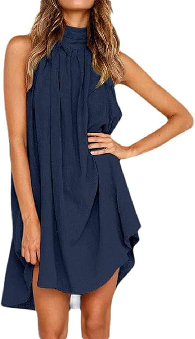 Women's Relaxed Fit Solid Color Halter Sundress Cotton Linen Party Mini