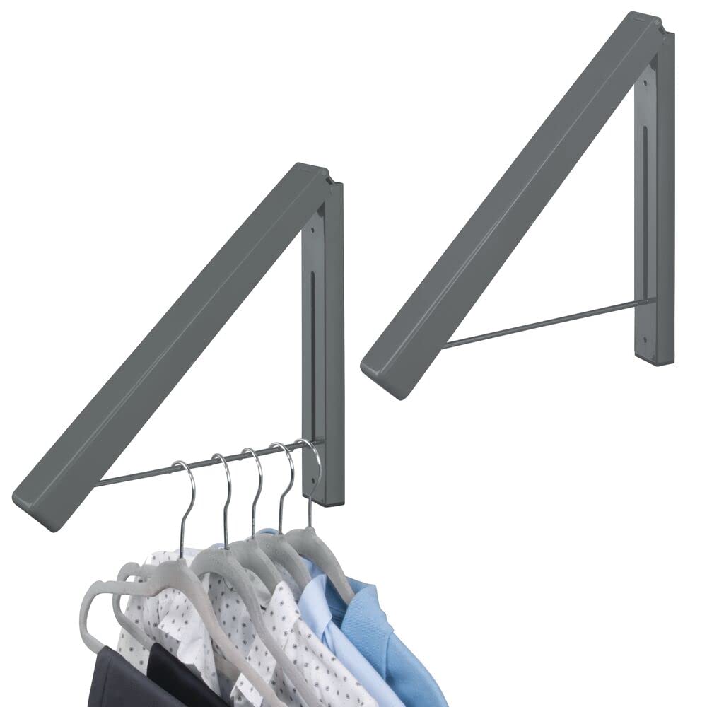 mDesign Set of 2 Dry Cleaning Hanger — Wall Mounted Clothes Hanger for Hanging up Dry Cleaning — Small Clothes Rail Made from Durable Metal — Grey