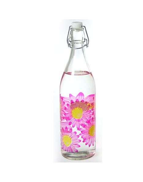 Home Line Botella de Cristal 1L. Flores 3 Colores - Rosa