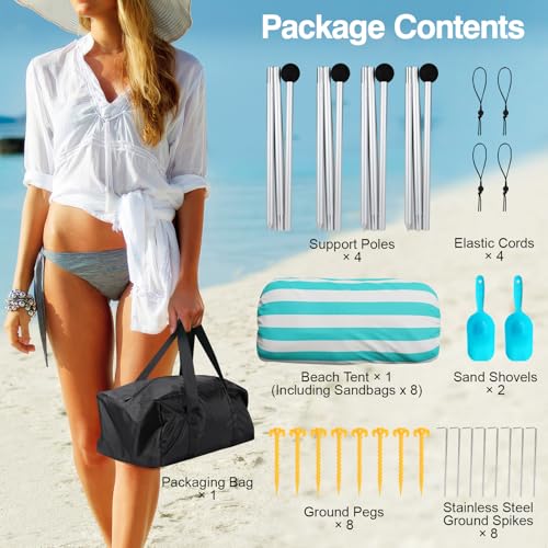 Rhino Valley Folding Beach Tent, Portable Beach Canopy UV Protection UPF50+ Windproof with Sandbags Pegs Ground Tent Outdoor Camping