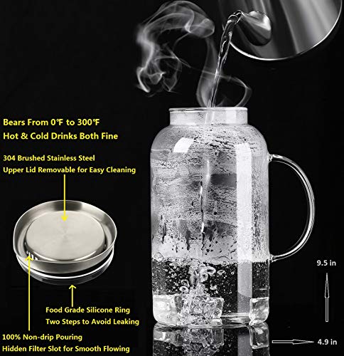 SmartHom 75 Ounces Glass Pitcher, Drip-Free Water Pitcher With Tight Lid and Pretty Brush