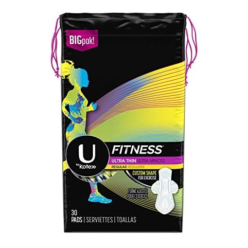 U by Kotex Fitness Ultra Thin Pads with Wings, Regular Absorbency, Fragrance-Free Pads, 30 Count