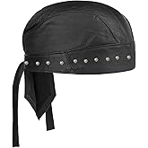 Sheep Leather Skull caps in Black Sweat Head Wraps Studded Skull Cap Bandana Style in Real Do Du Rag Leather Doo Rag Motorcycle Biker Cap Black ICE Club Shop