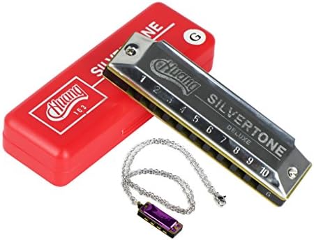 Huang Key of G 10 Hole 20 Tone Harmonica(Silver) with Mini Harmonica Necklace