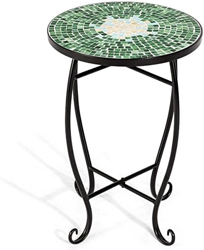 Custpromo Mosaic Accent Table Metal Round Side Table Plant Stand Cobalt Glass Top Indoor Outdoor Garden Patio Table (Bella Green)
