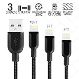 Klaz USB iPhone Cables Compatible (3-Pack) Fast Charging and Data Syncing Cords | 3Ft, 6Ft, 10Ft | Nylon Braided, Kink & Tangle Free | iPhones,iPads iOS Devices (Black)