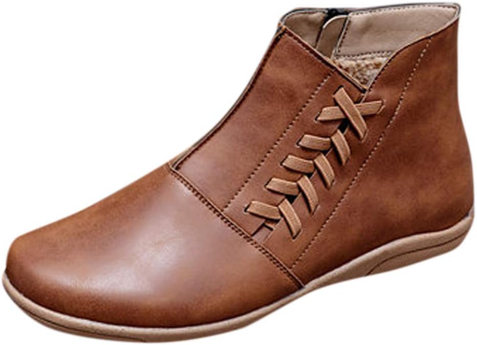Rosennie Autumn Winter Daily Comfortable Ankle Boots for Women Ladies Leisure Rome Large Size Flat Heels Lace up Vintage Outdoor Short Tube Shoes