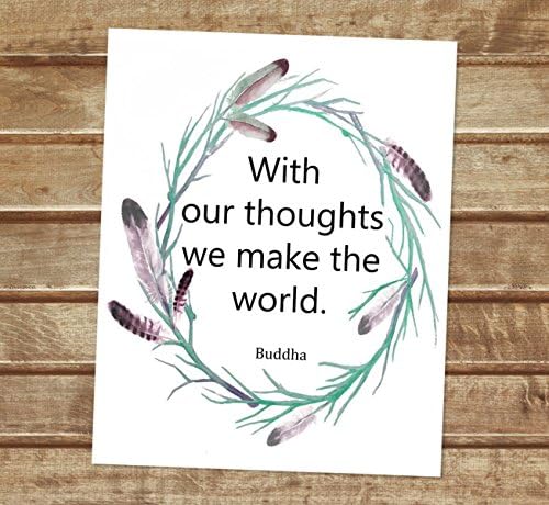 With Our Thoughts We Make The World, Buddha Quote Art Print, Feathers Wreath Wall Art, Wall Decor, Unframed 8"x10" Art Poster, Inspirational Quote