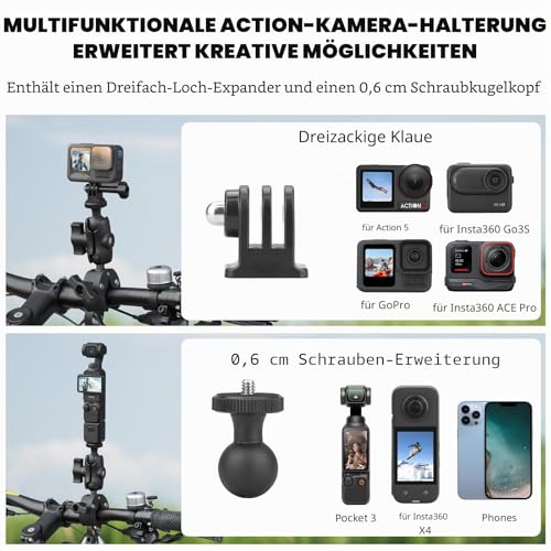 BRDRC Motorcycle Mount for Insta360 X4 X5, Bicycle Handlebar Mounting Kit with 150 cm Invisible Selfie Rod Double Clamp for Insta 360 X5 X4 X3 X2 X ONE RS R Go 3S Ace Pro, for GoPro Camera Accessories