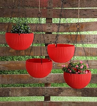 YOUNG CRAFTS UV Treated Plastic Flower Pots with Hanging Chains for Balcony Plants and Garden Decor (Pack of 6) Red Color
