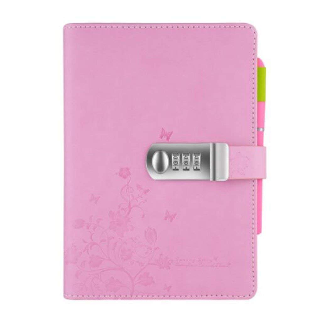 Leather Diary,Writting Lined Journal Travel Notebook with Passwork for Anniversary Birthday Gift,Butterfly and Flower Pattern,A5(210x145mm) NPN99-3,Pink