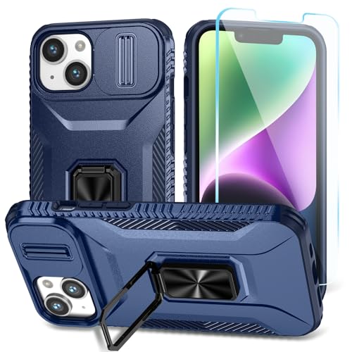 SunStory Compatible with iPhone 14 Plus Case with HD Screen Protector & Slide Camera Cover & Rotated Ring Kickstand, [Military-Grade] Phone Case for iPhone 14 Plus (Y_Blue)