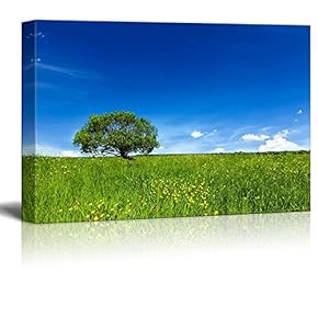 Canvas Prints Wall Art - Blooming Flowers Green Grass Field Meadow Scenery Lanscape Under Blue Sky with Single Lonely Tree | Modern Wall Art - 12" x 18"