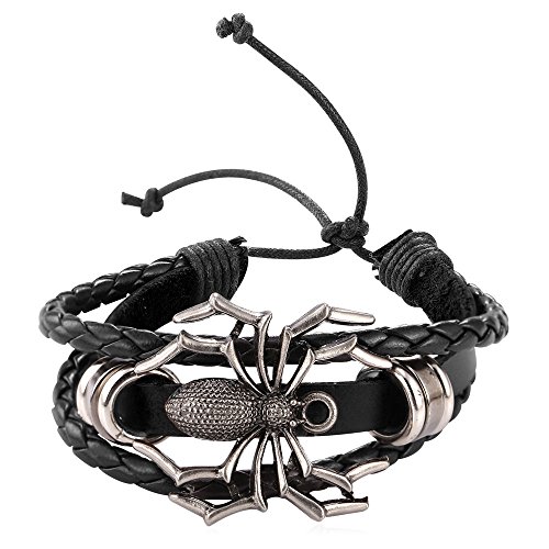 U7 Men Womens Fashion Black Leather Woven Bracelet Cool Spider Design Punk Jewelry