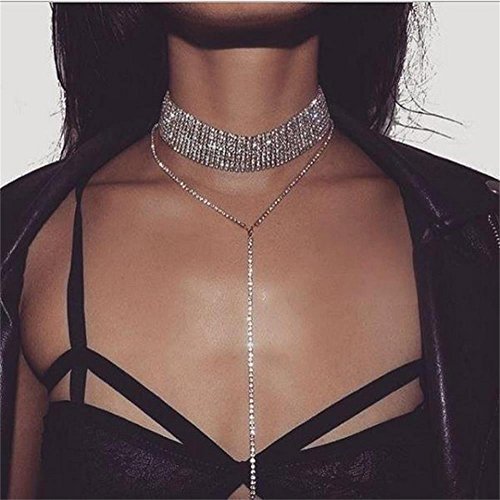 Udobuy Elegant Shiny Rhinestone Choker Chunky Statement Necklaces Long Tassel Chain Chocker Jewelry - Thumbnail 3