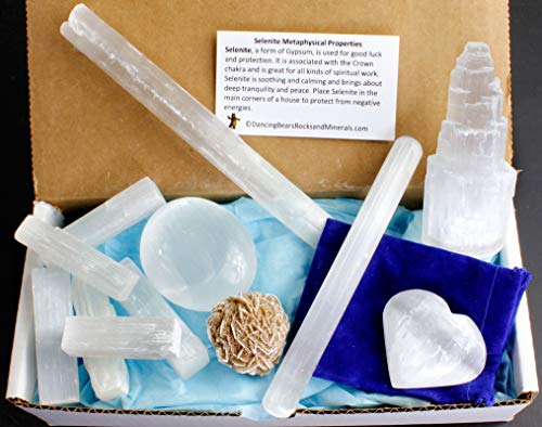 Selenite Protection Collection: 1.5-2" Sticks (17-20 pcs), Palm Stone, Heart, Tower, 8" Stick, 5.5" Massage Wand, Desert Rose Stone, Educational ID Card, Healing, Balance Chakras, Good Energy