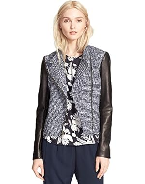 Theory Kinde C Leather Sleeve Boucle Moto Jacket in Blue/Black - 12 Large