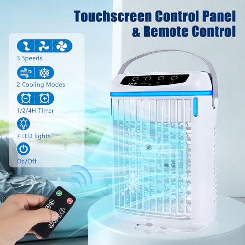 4 in 1 Mobile Air Conditioner with Remote Control, 1/2/4H Timer, 3 Speed, 3 Mist Modes, 1000ml Tank, 7 Color LEDs, Touch Screen, Personal Fan Mist for Home Office