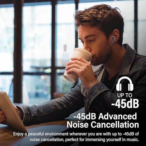 Bluetooth Headphones with Hybrid Active Noise Cancellation, In-Ear Headphones Wireless Bluetooth 5.4, 6Mic, 49 Hours Playback, Powerful Bass, 8 EQ Modes, App Control, Wireless Charging, Multipoint