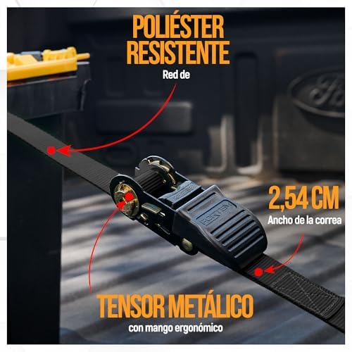 Set de Correas de Amarre con Tensor de Trinquete, Resistencia 249 kg de Carga, 748 kg al Rompimiento, 4 Ganchos de Acero Plastificado, 4 Correas de 4.5m, 4 Hebillas (Negro)